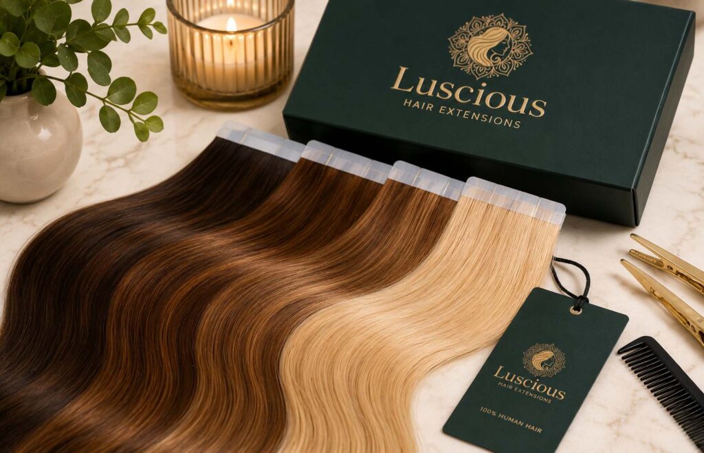 Premium 100% human Tape-In Hair Extensions displayed with professional salon tools for long-lasting quality and reusable wear.