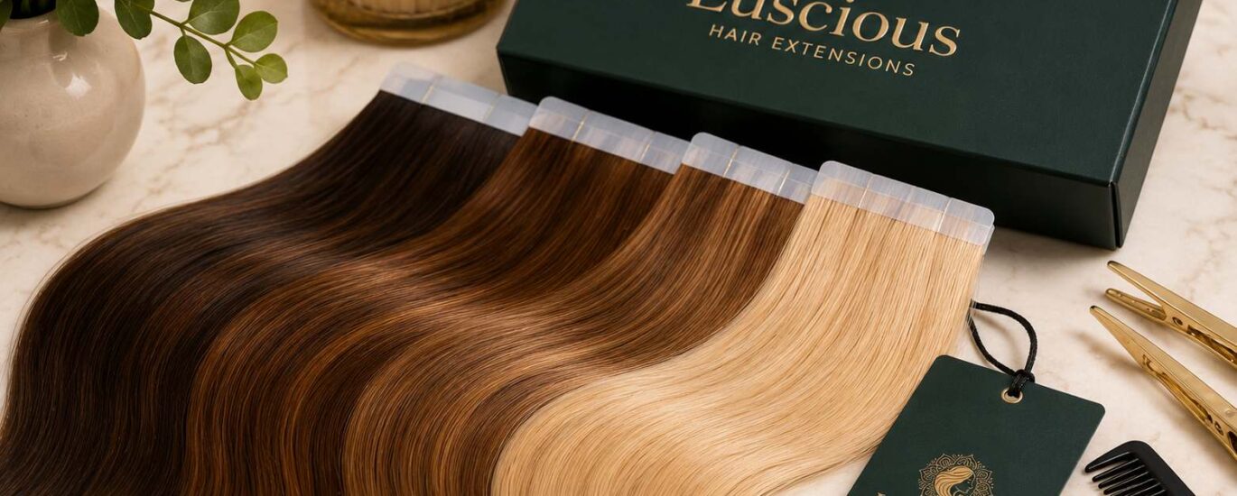 Premium 100% human Tape-In Hair Extensions displayed with professional salon tools for long-lasting quality and reusable wear.