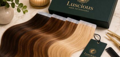 Premium 100% human Tape-In Hair Extensions displayed with professional salon tools for long-lasting quality and reusable wear.