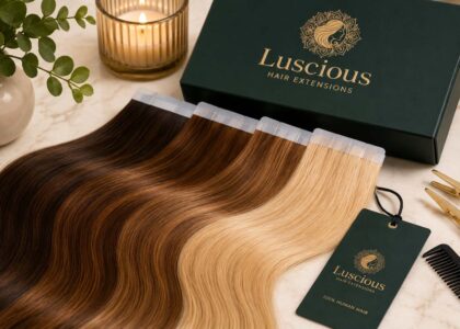 Premium 100% human Tape-In Hair Extensions displayed with professional salon tools for long-lasting quality and reusable wear.