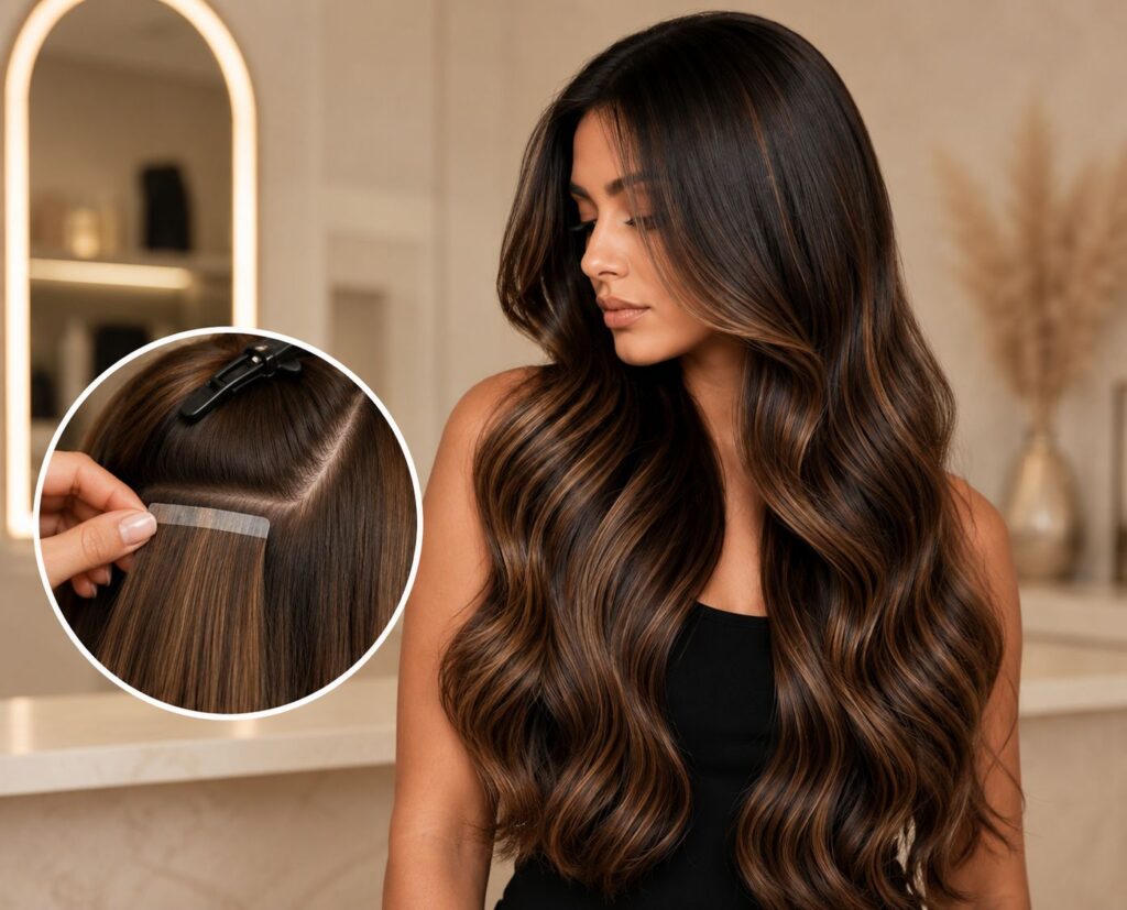 Bellami-certified Tape-In Hair Extensions with premium 100% human hair for natural volume and seamless blending.