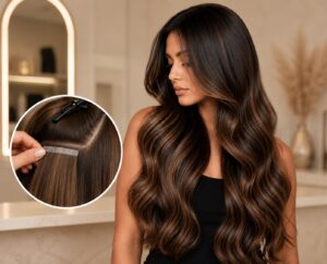 Bellami-certified Tape-In Hair Extensions with premium 100% human hair for natural volume and seamless blending.